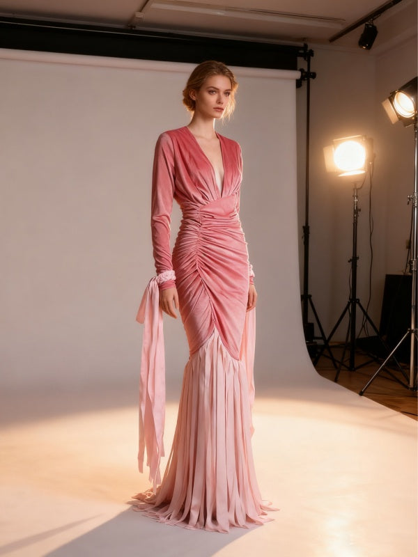 Deep V Neck Folds Patchwork Tassel Long Dress