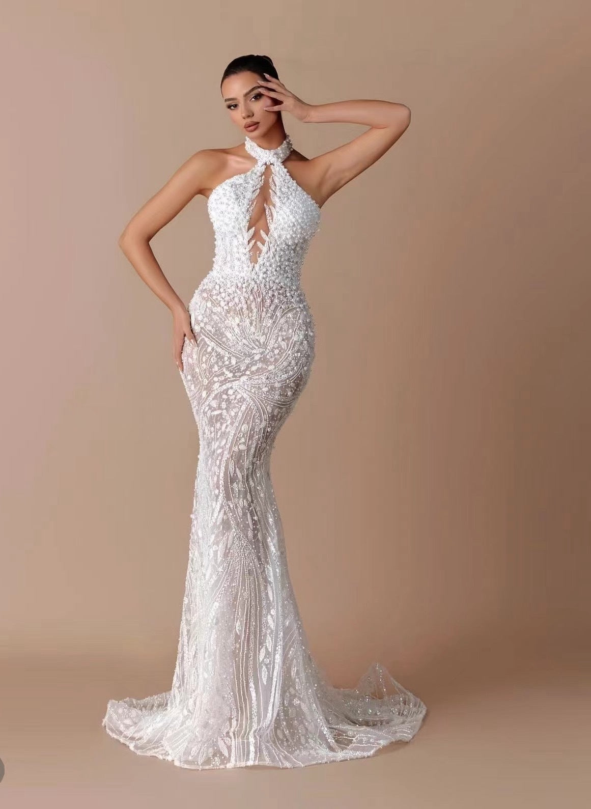 Pearls Diamonds Embellished Gown High Halter Neck Bare Shoulder Empire Waist dress