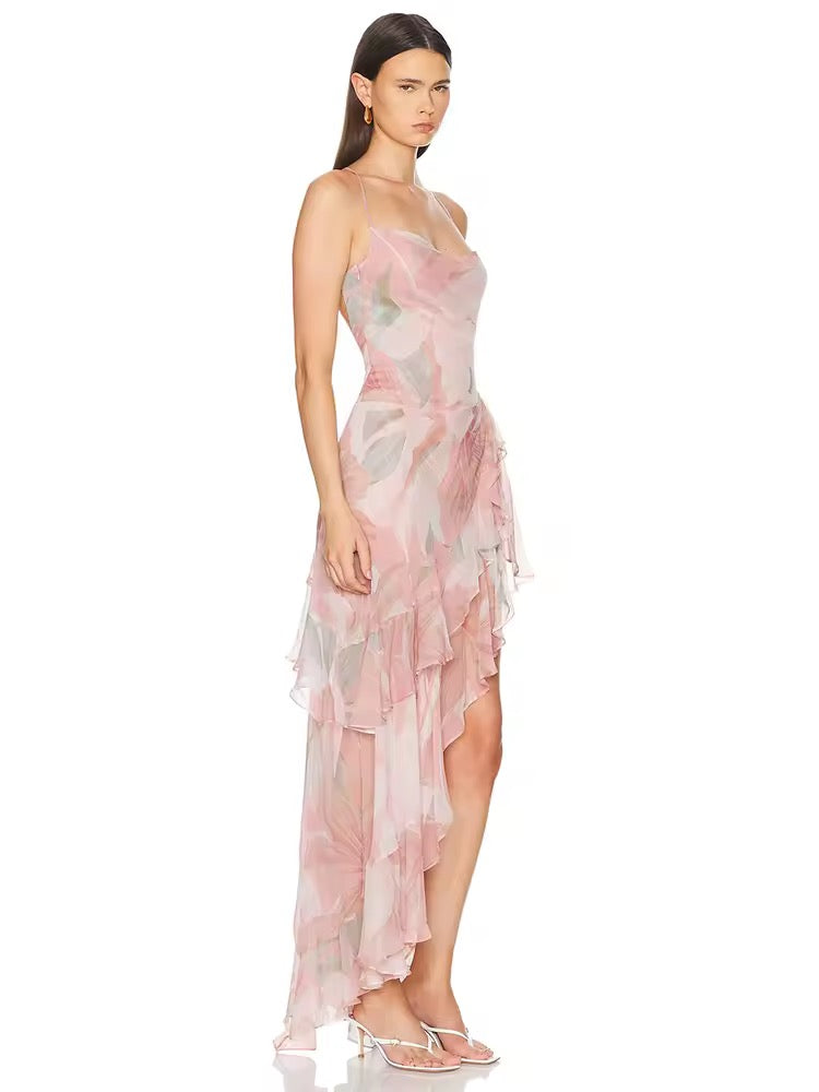 Pink Sleeveless Backless Spaghetti Strap Printed Ruffles Long Dress