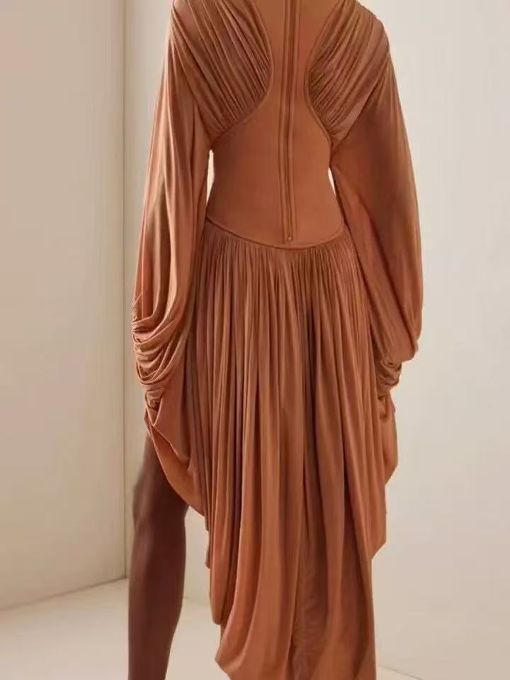 Brick-red Bat Long Sleeved Dress