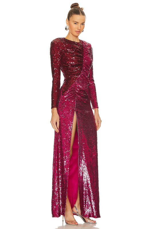 Sequins Long Sleeve Tight High Split Long Dress - REBECATHELABEL