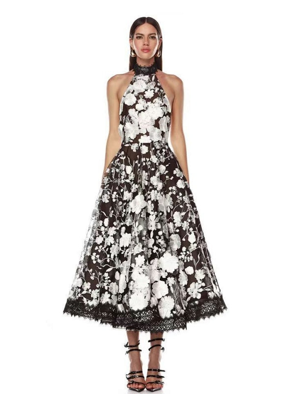 Embroidered Flower Halter Long Dress