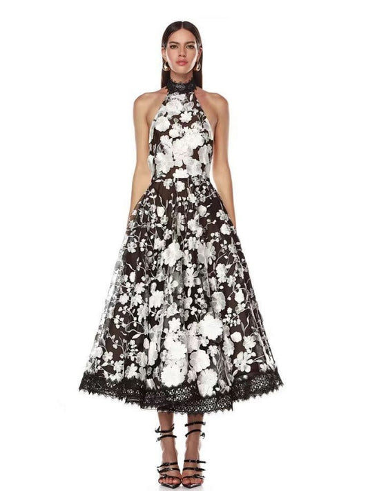 Embroidered Flower Halter Long Dress