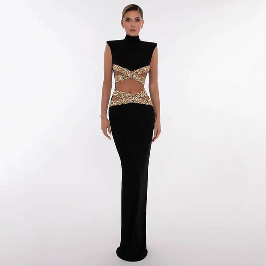 Diamond Black Hollow Sexy Long Bandage Dress - REBECATHELABEL