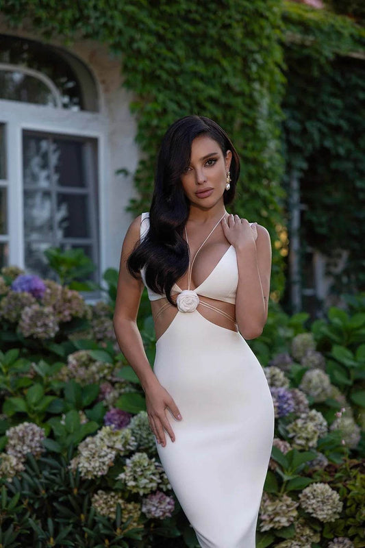 Hollow Out Sleeveless Halter Slim Midi Dress - REBECATHELABEL