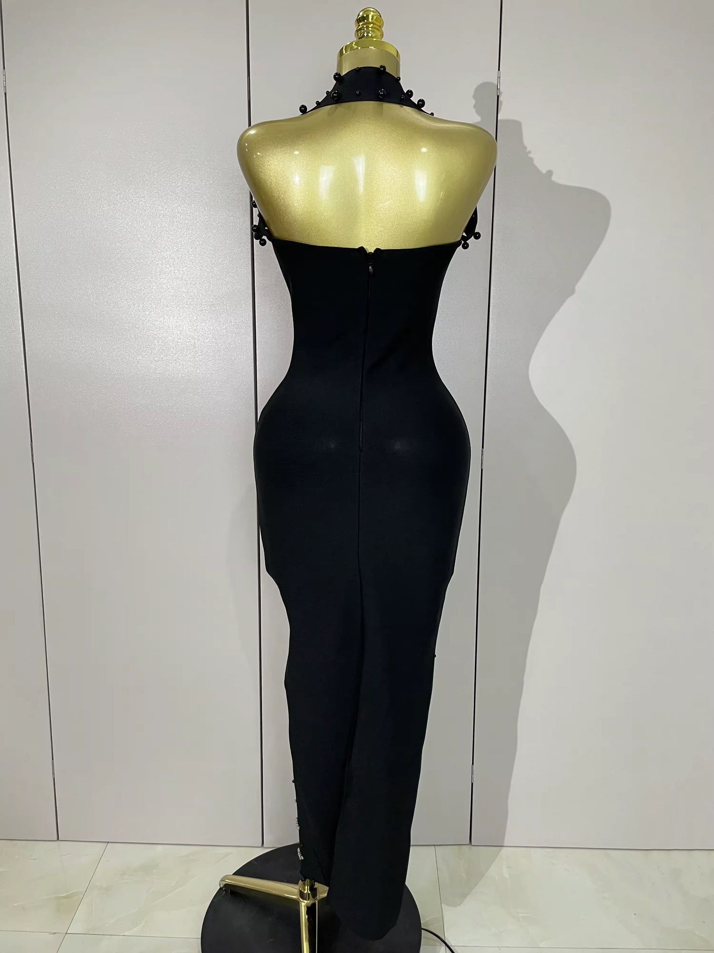 Sparkly Rhinestone Pearl Sleeveless Bodycon Bandage Long Dress