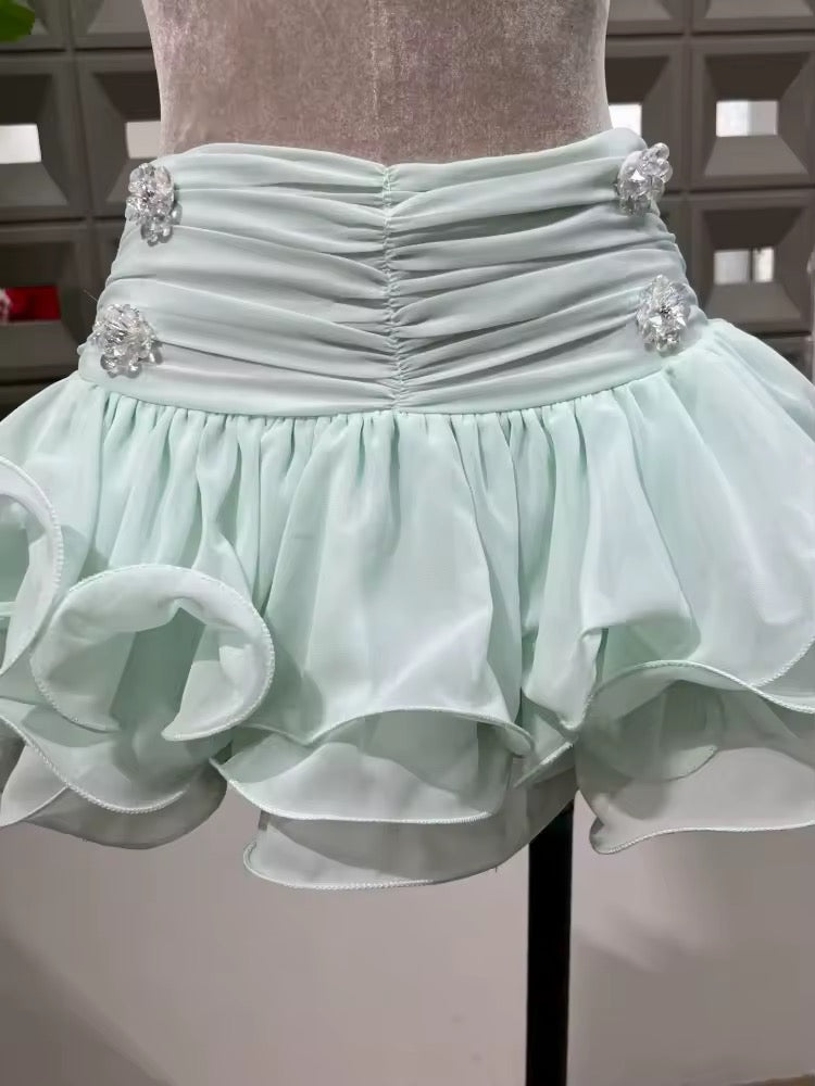 Culottes Two Piece Set Sexy Lace-up Ruffles Long Sleeves Top + Diamonds Mini Skirts Suits