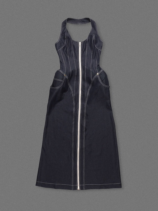 Backless Halter Blue Zipper Denim Maxi Long Gowns Dress