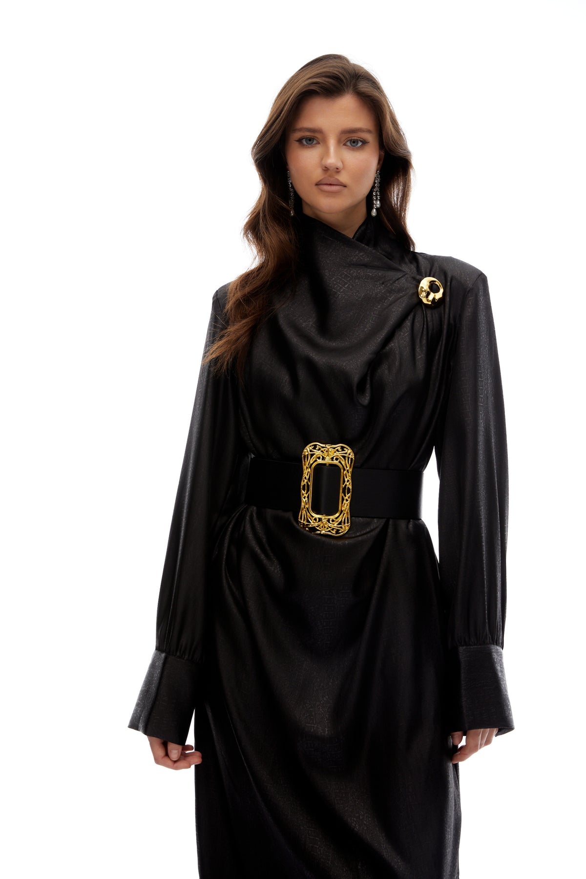 Black Belted Textured Leather Coat