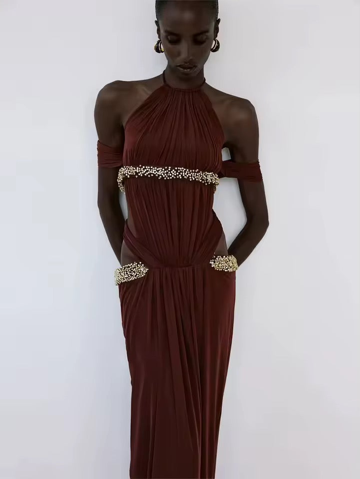 Red Halterneck Crystal Embellished Maxi Dress