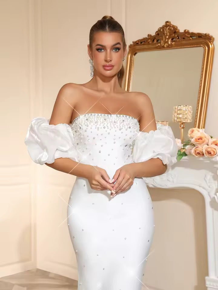 Strapless Diamond Maxi Long Bodycon Bandage Dress With Bubble Sleeves