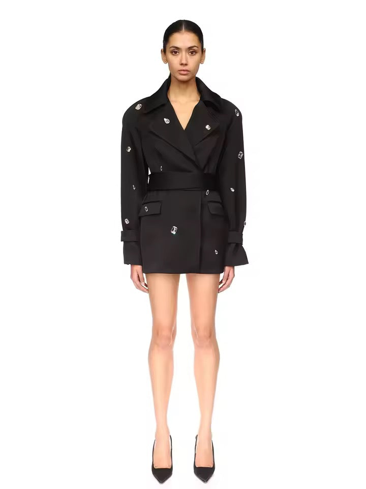 Long Blazer Belt Crystal Long Sleeve Lapel Solid Female Coats