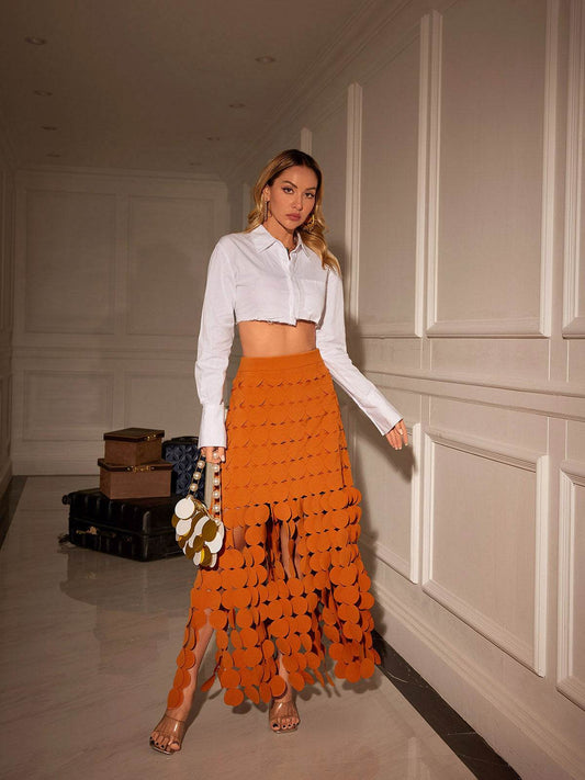 Circle Cutout Fringe Skirt In Orange - REBECATHELABEL