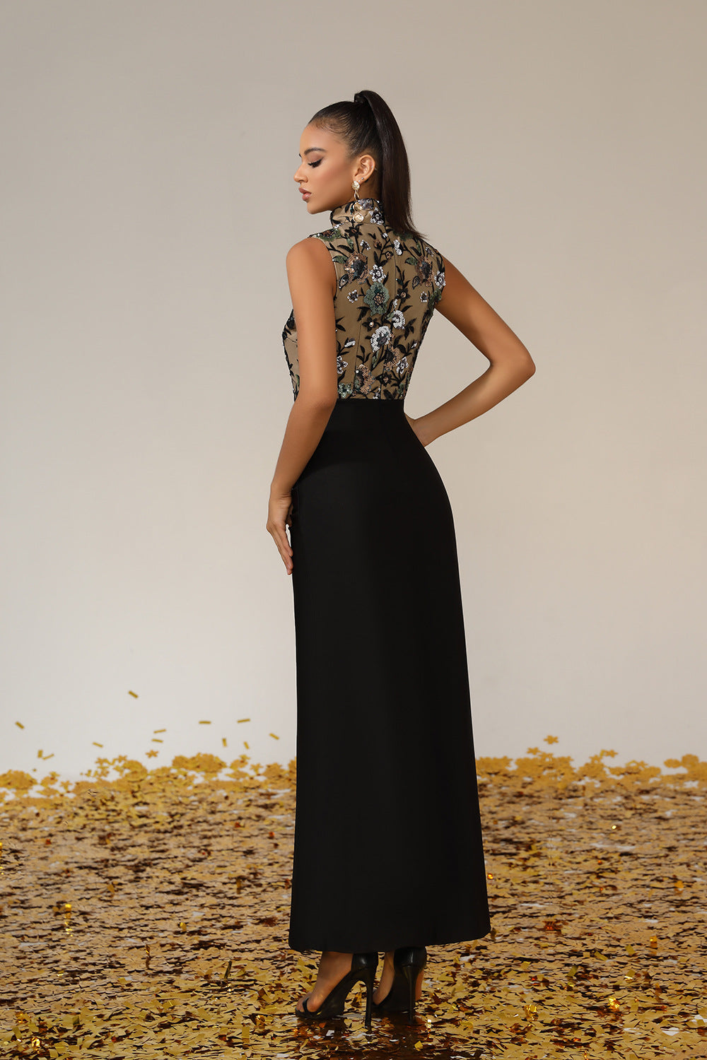Halter Neck Flower Sequin Mesh Patchwork Long Dress