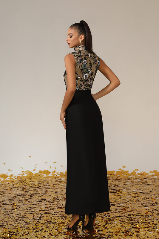Halter Neck Flower Sequin Mesh Patchwork Long Dress