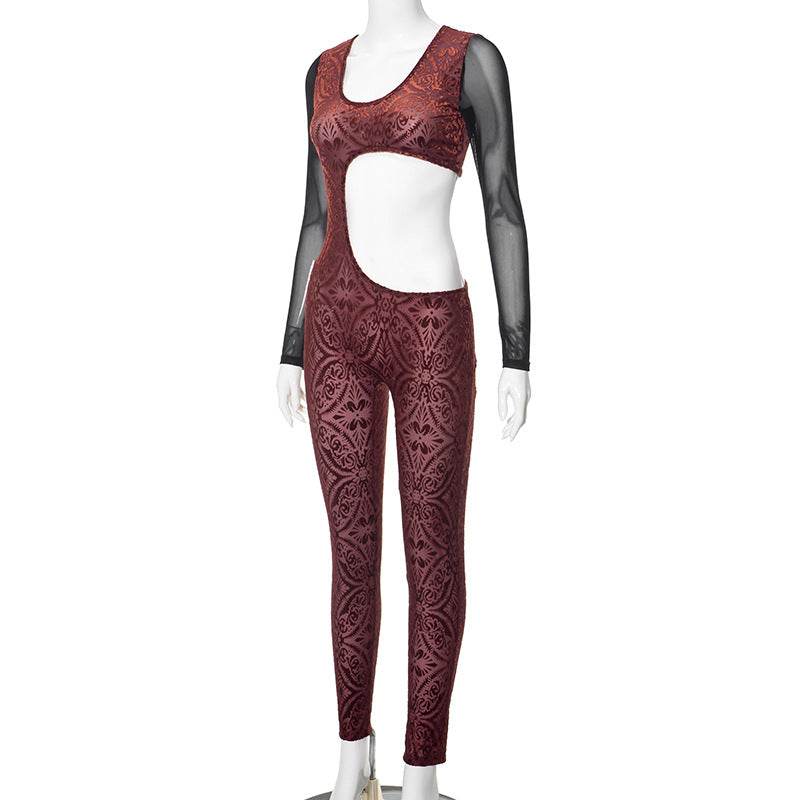 Mesh Long Sleeve U Neck Hollow Out Cutout Sexy jumpsuit - REBECATHELABEL
