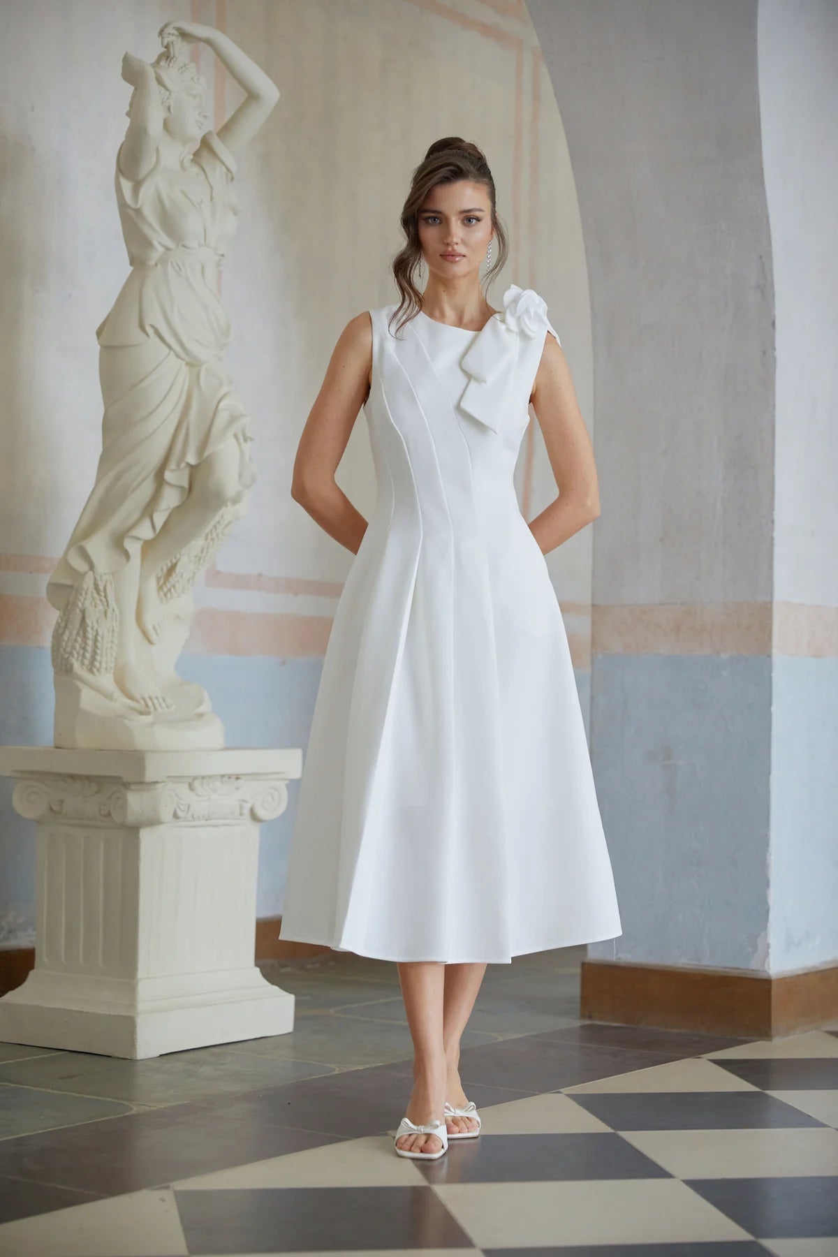 White Pleated Floral Midi Dress