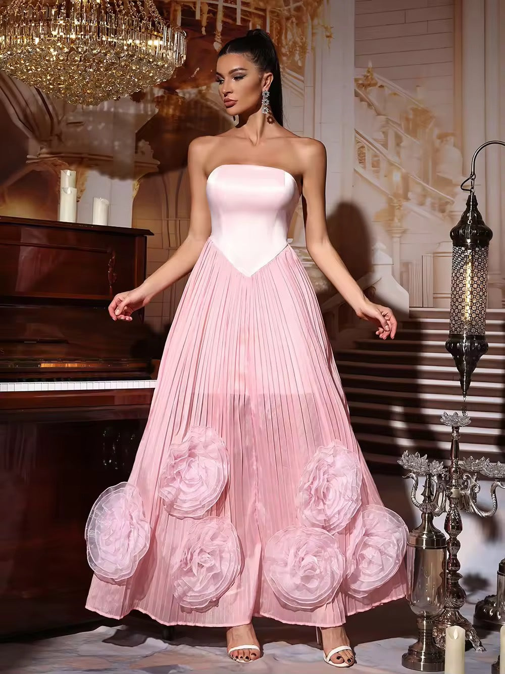 Off Shoulder High Waist Slim Sunflower Pleated Long Dress