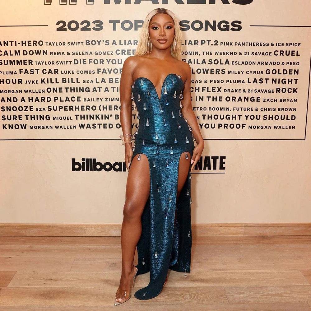 Blue Sexy Strapless Crystal Decoration Tight Split Long Dress - REBECATHELABEL