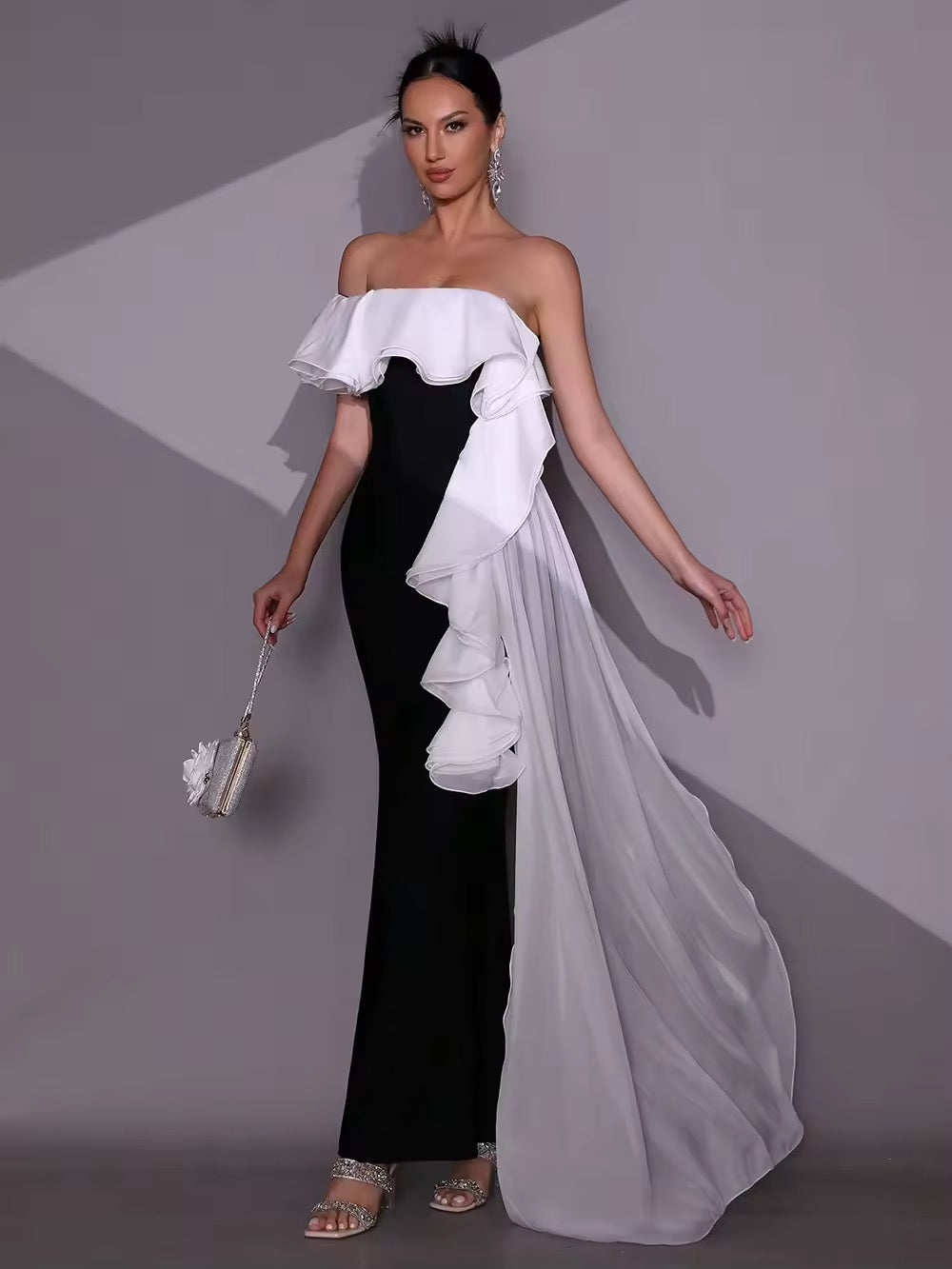 Off Shoulder Ruffle Slim Bandage Long Dress