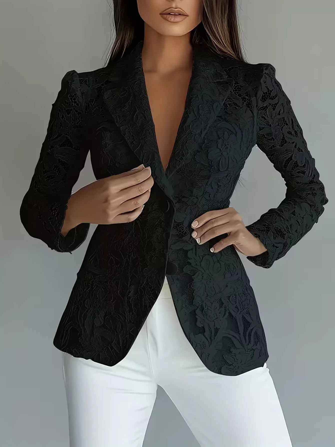 Lace Button Up Fitted Blazer