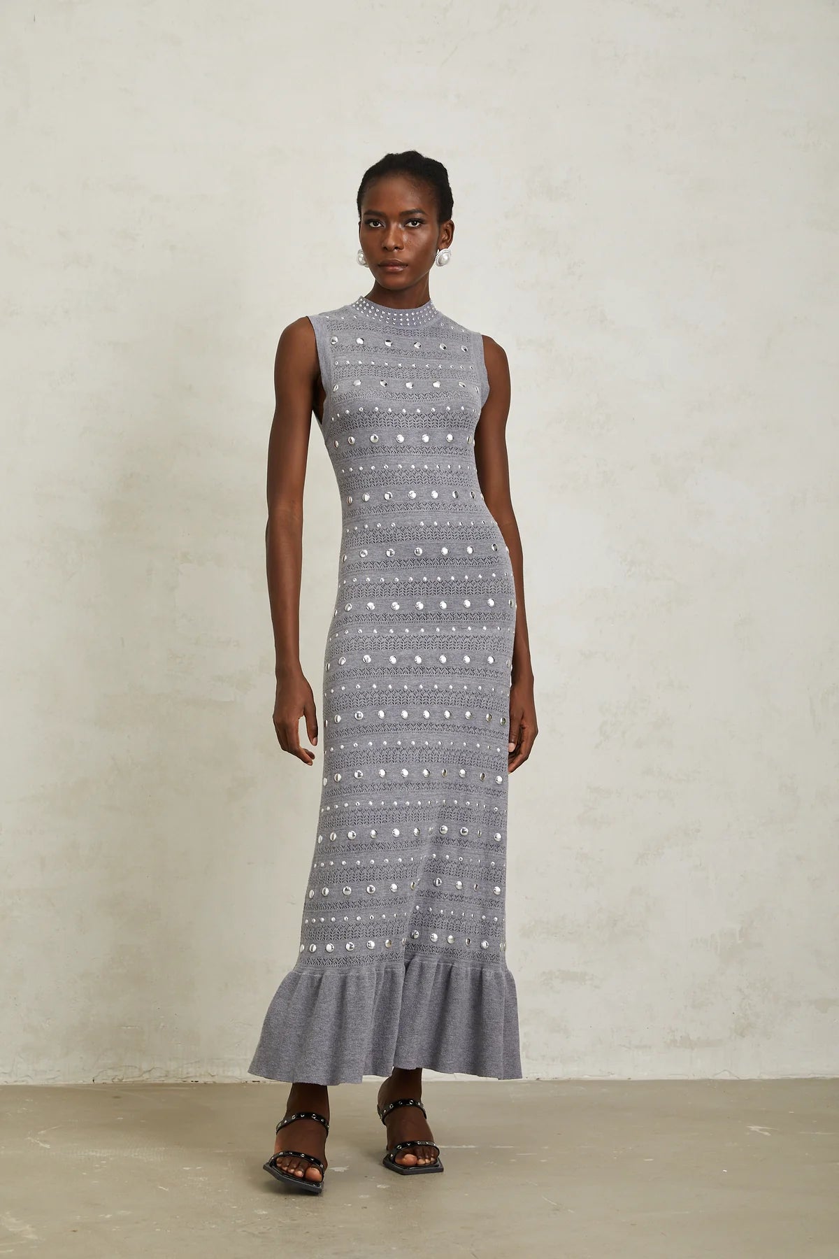 Grey Studded Crochet Knit Maxi Dress