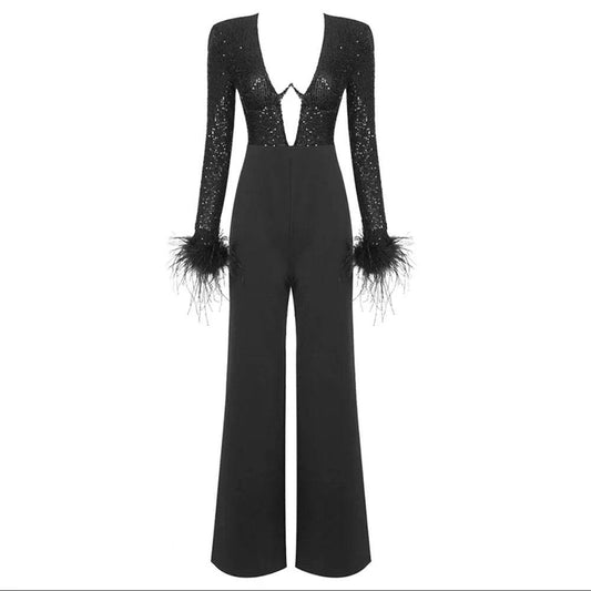 Long sleeved Feather Sexy V-neck Sequin jumpsuit - REBECATHELABEL