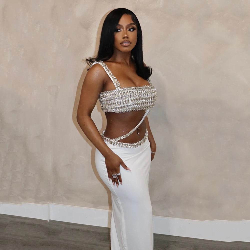 Sparkling Diamond Decoration Short Top Long Skirt Tight 2 set - REBECATHELABEL