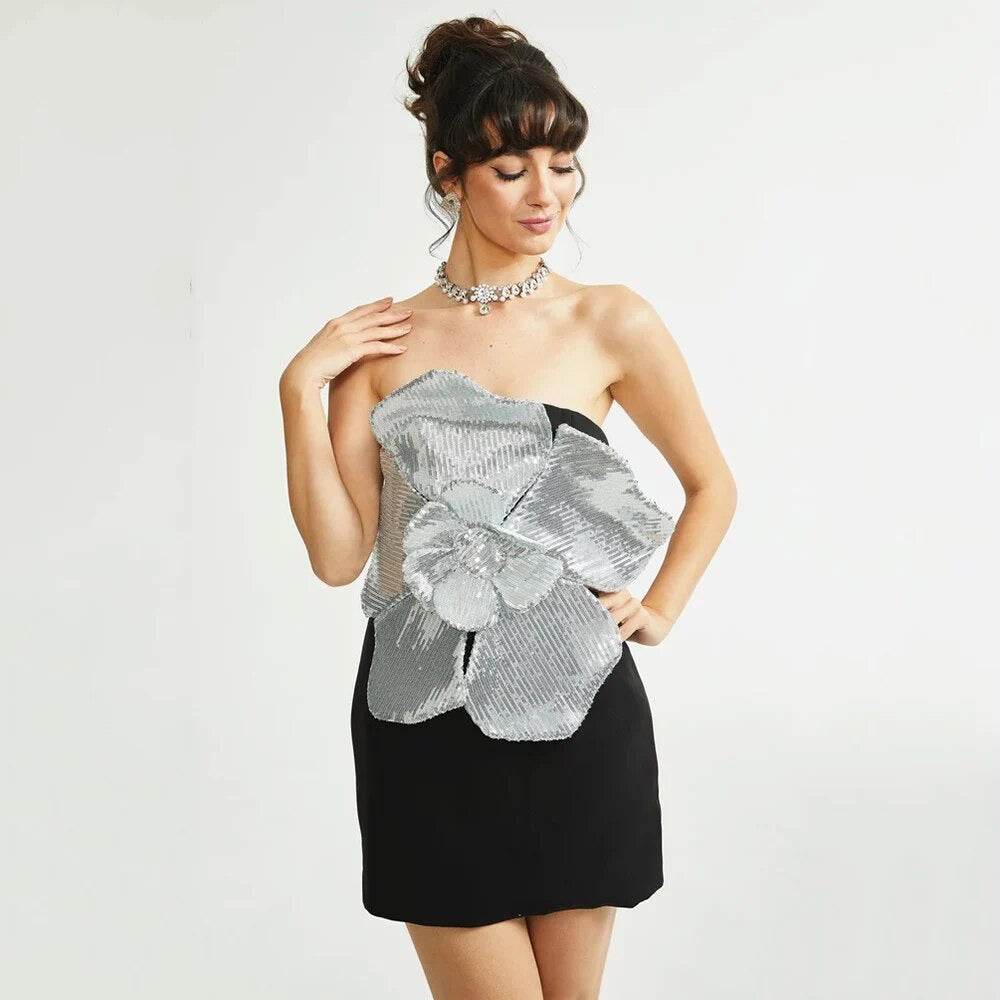 Strapless Sequins 3D Flower Tight Mini Dress - REBECATHELABEL