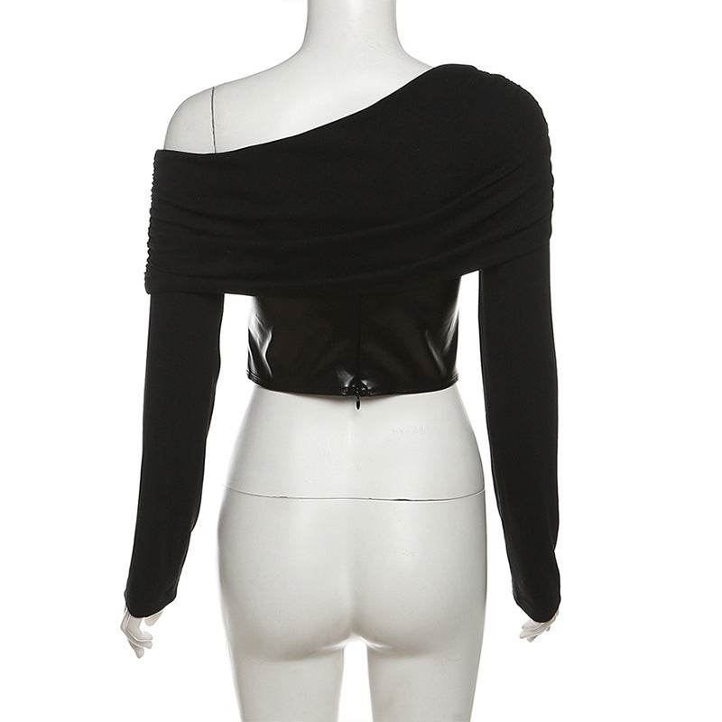 Oblique Collar off Shoulder Sexy Slim Fit All Match Short Long Sleeve Top - REBECATHELABEL