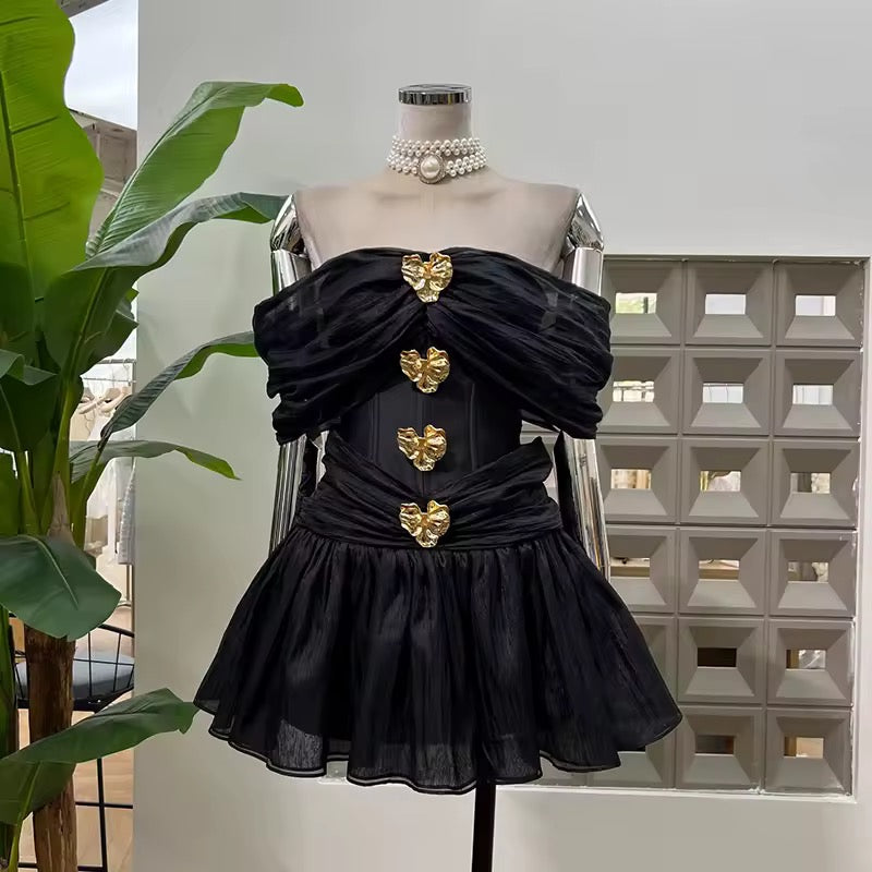 Off The Shoulder Sleeve Metal Buckle Patchwork Mini Dress