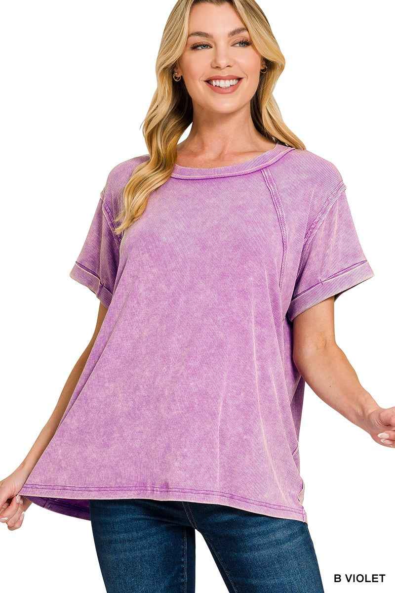 Zenana Washed Ribbed Cuffed Short Sleeve Round Neck Top