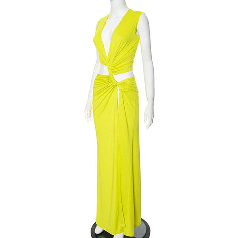 Deep V Plunge Hollow Out Cutout Out Slit Slim Fitting Maxi Dress - REBECATHELABEL