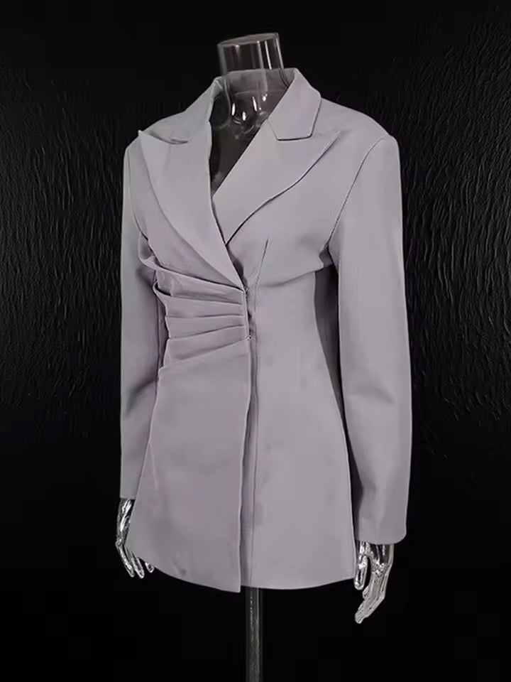 Hidden Button Grey Temperament Versatile Pleated Waist Cinched blazer