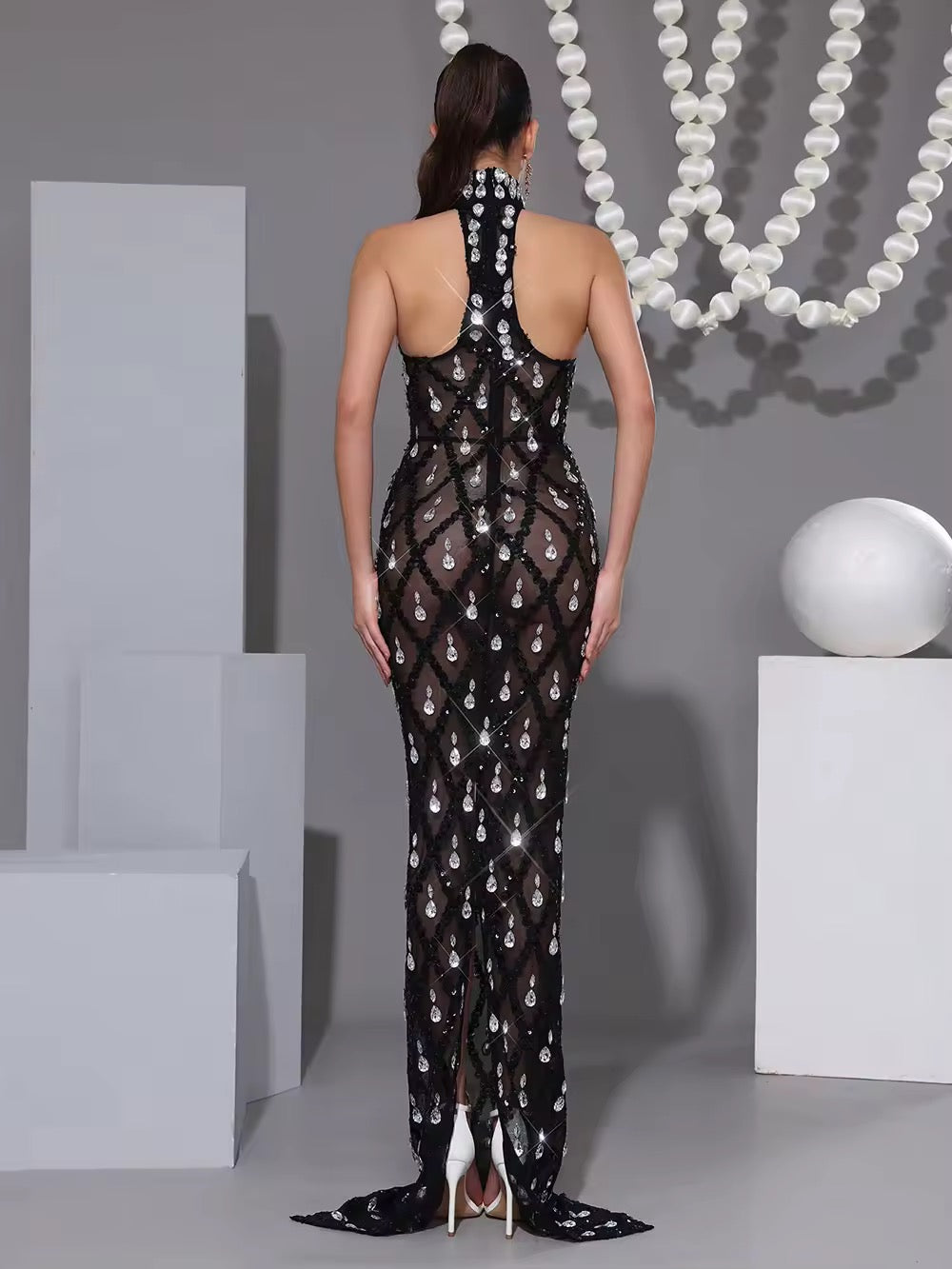 Sparkling Crystal Diamond Turtleneck Neck Mesh Bodycon Maxi Dress