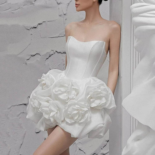 White Sexy Strapless 3D Flower Tight Mini Dress - REBECATHELABEL