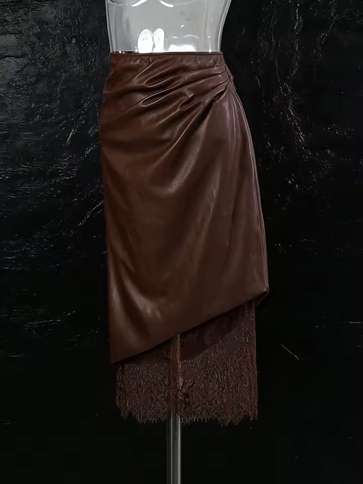 Coffee Black Pu Leather Midi Skirt