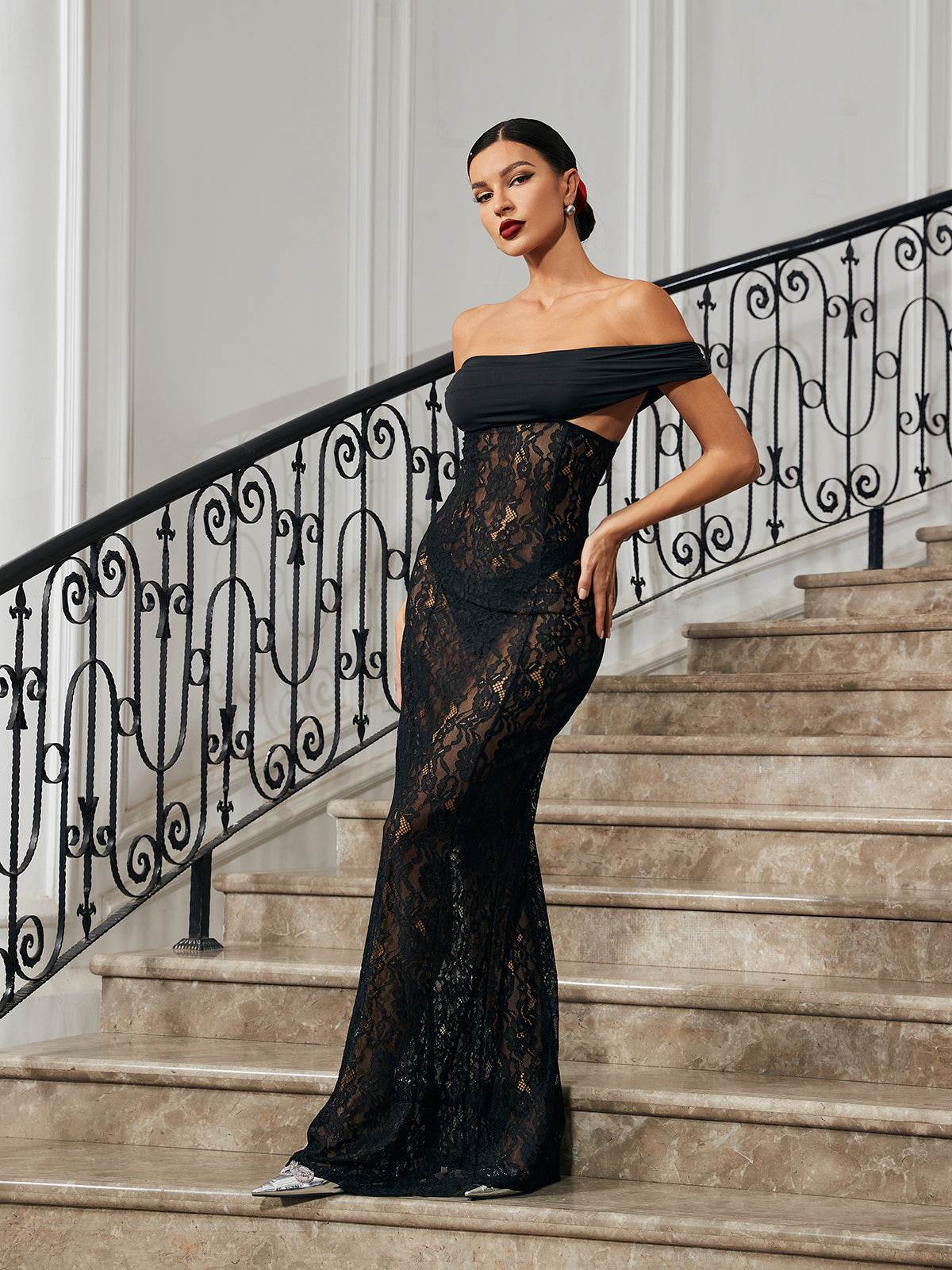 Off Shoulder Lace Maxi Dress - REBECATHELABEL