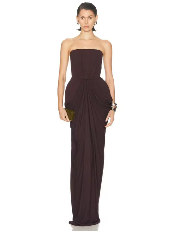 Strapless Folds Ruched Long Dress