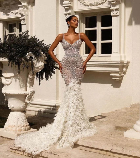 Feathers Train Spaghetti Mermaid dress - REBECATHELABEL