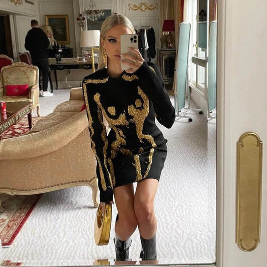 Long sleeved Gold Printed Tight Mini Bandage Dress - REBECATHELABEL