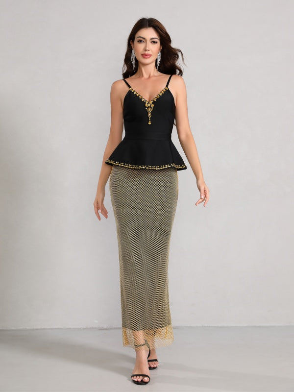 Black-Gold Spaghetti Strap Two-Piece Maxi Dress