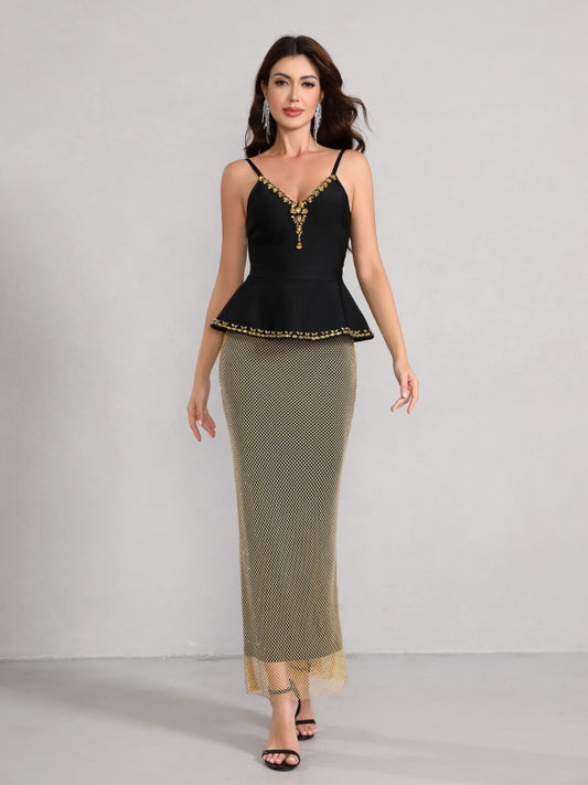 Black-Gold Spaghetti Strap Two-Piece Maxi Dress