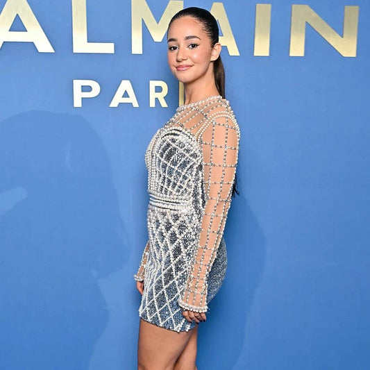 Long sleeved Tight Beaded Sequin Round Neck Mini Dress - REBECATHELABEL