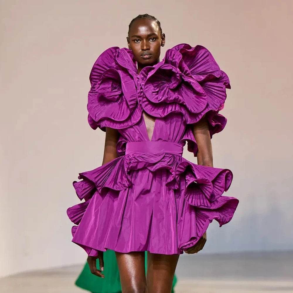 Purple Ruffle Edge V-neck Sexy Ruffle Edge Satin Mini Dress - REBECATHELABEL