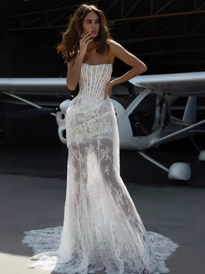White Lace Strapless Long Dress