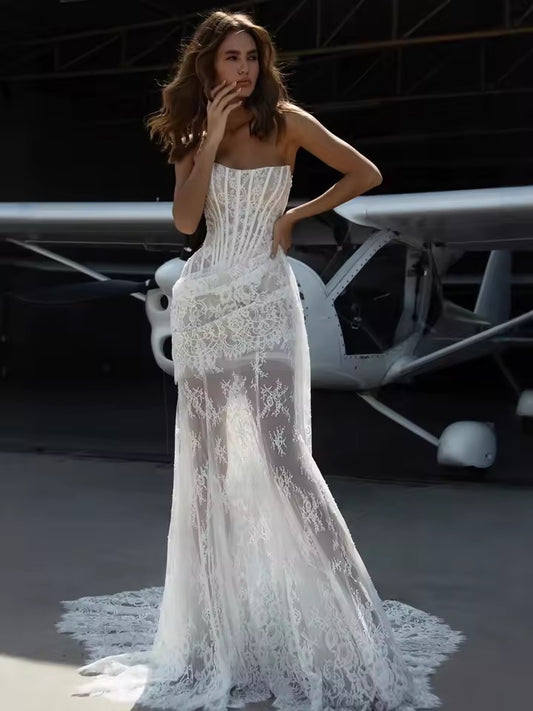 White Lace Strapless Long Dress