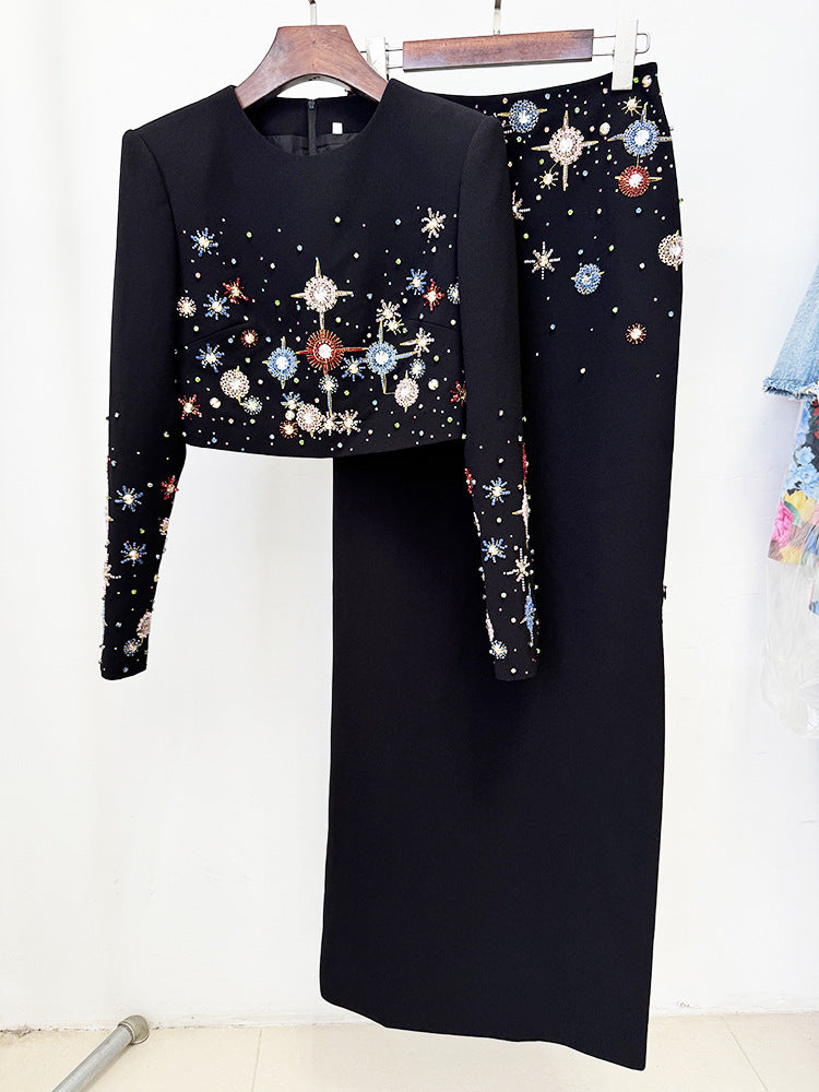 Crystal Long 2 Piece Skirts Suits Sexy Crop Tops Beading Midi Skirts Suit