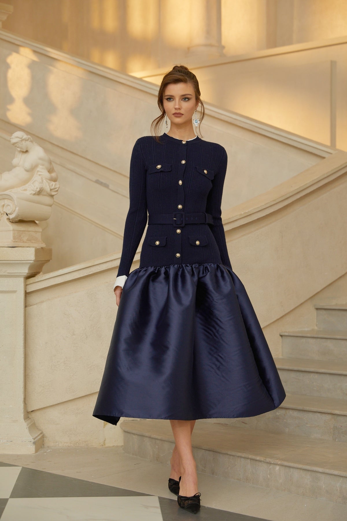 Navy Blue Satin Panel Knit Midi Dress