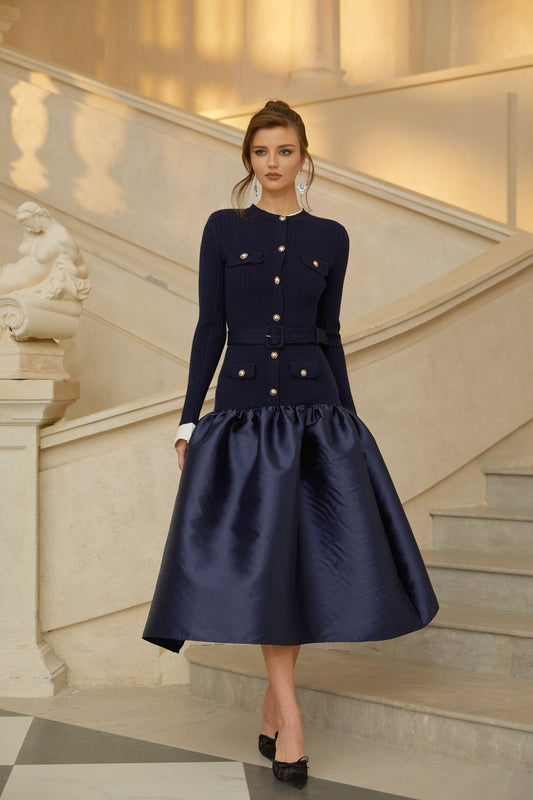 Navy Blue Satin Panel Knit Midi Dress